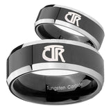 His Hers CTR Beveled Edges Glossy Black 2 Tone Tungsten Men's Ring Set