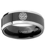 10mm Fire Department Beveled Glossy Black 2 Tone Tungsten Mens Ring Personalized