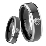 8mm Fire Department Beveled Edges Glossy Black 2 Tone Tungsten Anniversary Ring