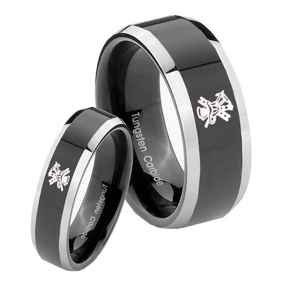 His Hers Fireman Beveled Glossy Black 2 Tone Tungsten Mens Engagement Ring Set
