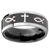 10mm Fish & Cross Beveled Edges Glossy Black 2 Tone Tungsten Mens Wedding Ring