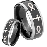 His Hers Fish & Cross Beveled Glossy Black 2 Tone Tungsten Ring Set