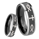 8mm Fish & Cross Beveled Edges Glossy Black 2 Tone Tungsten Custom Ring for Men
