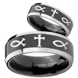 His Hers Fish & Cross Beveled Glossy Black 2 Tone Tungsten Ring Set