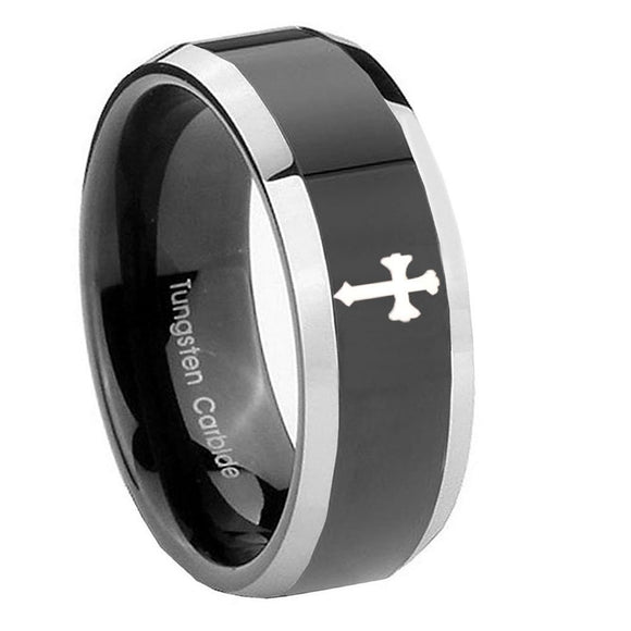 8mm Flat Christian Cross Beveled Glossy Black 2 Tone Tungsten Engagement Ring