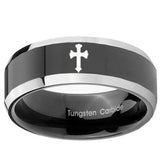 10mm Flat Christian Cross Beveled Glossy Black 2 Tone Tungsten Promise Ring