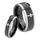 His Hers Flat Christian Cross Beveled Glossy Black 2 Tone Tungsten Mens Ring Set