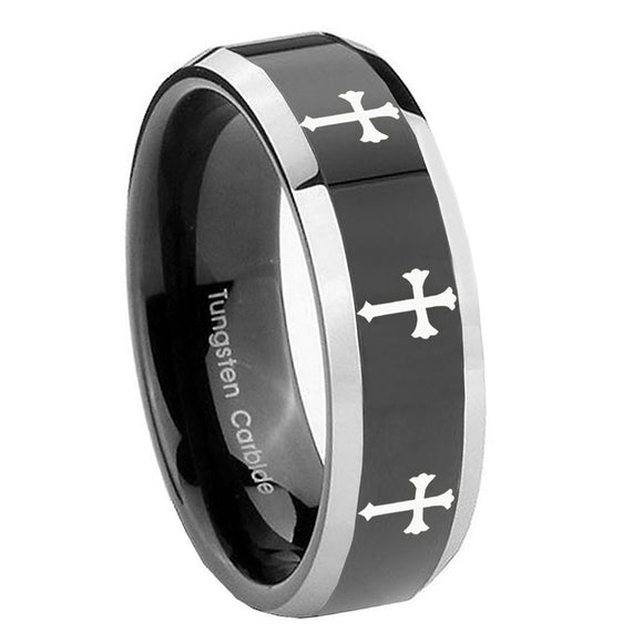 10mm Multiple Christian Cross Beveled Glossy Black 2 Tone Tungsten Bands Ring
