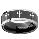 10mm Multiple Christian Cross Beveled Glossy Black 2 Tone Tungsten Bands Ring