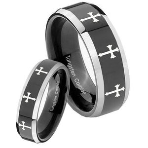 His Hers Multiple Christian Cross Beveled Glossy Black 2 Tone Tungsten Men Rings Set