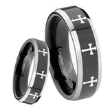 8mm Multiple Christian Cross Beveled Glossy Black 2 Tone Tungsten Bands Ring