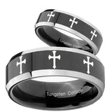 His Hers Multiple Christian Cross Beveled Glossy Black 2 Tone Tungsten Men Rings Set