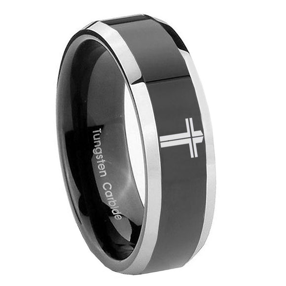 10mm Flat Christian Cross Beveled Glossy Black 2 Tone Tungsten Engagement Ring