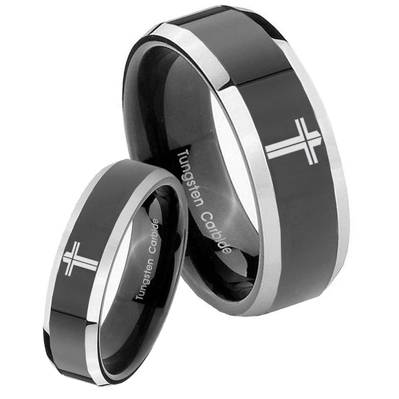 His Hers Flat Christian Cross Beveled Glossy Black 2 Tone Tungsten Mens Ring Set