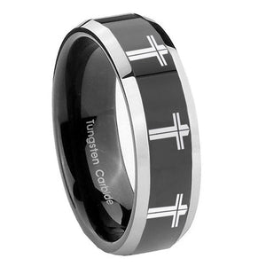 8mm Multiple Christian Cross Beveled Glossy Black 2 Tone Tungsten Men's Ring