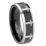 10mm Multiple Christian Cross Beveled Glossy Black 2 Tone Tungsten Mens Ring