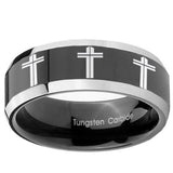 10mm Multiple Christian Cross Beveled Glossy Black 2 Tone Tungsten Mens Ring