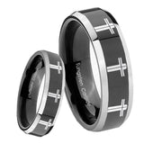 8mm Multiple Christian Cross Beveled Glossy Black 2 Tone Tungsten Men's Ring