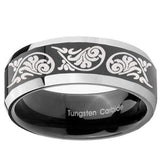 10mm Etched Tribal Pattern Beveled Edges Glossy Black 2 Tone Tungsten Mens Ring