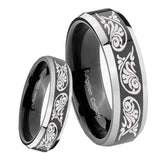 8mm Etched Tribal Pattern Beveled Glossy Black 2 Tone Tungsten Engagement Ring