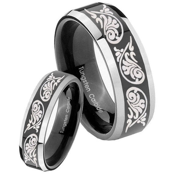 His Hers Etched Tribal Pattern Beveled Glossy Black 2 Tone Tungsten Ring Set