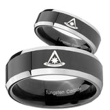 His Hers Pester Master Masonic Beveled Glossy Black 2 Tone Tungsten Mens Ring Set