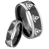 His Hers Multiple Pester Master Masonic Beveled Glossy Black 2 Tone Tungsten Mens Ring Set