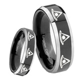 8mm Multiple Pester Master Masonic Beveled Glossy Black 2 Tone Tungsten Mens Ring