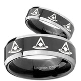 His Hers Multiple Pester Master Masonic Beveled Glossy Black 2 Tone Tungsten Mens Ring Set