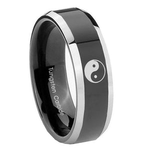 10mm Yin Yang Beveled Edges Glossy Black 2 Tone Tungsten Wedding Band Ring