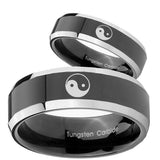 His Hers Yin Yang Beveled Glossy Black 2 Tone Tungsten Men's Wedding Ring Set