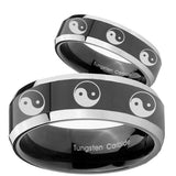 His Hers Multiple Yin Yang Beveled Glossy Black 2 Tone Tungsten Ring Set