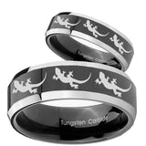 His Hers Multiple Lizard Beveled Glossy Black 2 Tone Tungsten Rings for Men Set