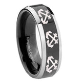 8mm Multiple Anchor Beveled Glossy Black 2 Tone Tungsten Mens Promise Ring