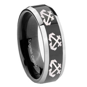 10mm Multiple Anchor Beveled Edges Glossy Black 2 Tone Tungsten Bands Ring