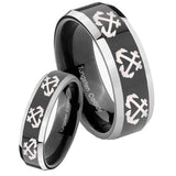 His Hers Multiple Anchor Beveled Glossy Black 2 Tone Tungsten Rings Set