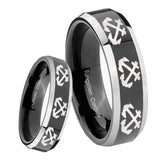8mm Multiple Anchor Beveled Glossy Black 2 Tone Tungsten Mens Promise Ring
