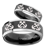 His Hers Multiple Anchor Beveled Glossy Black 2 Tone Tungsten Rings Set