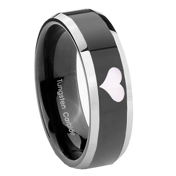 8mm Heart Beveled Edges Glossy Black 2 Tone Tungsten Carbide Mens Wedding Ring