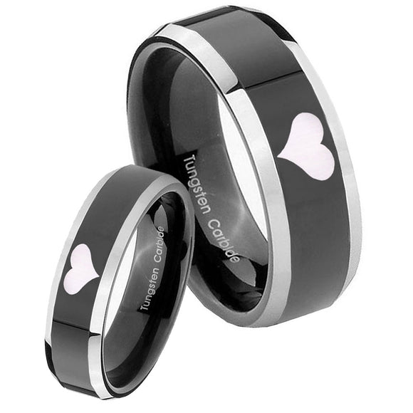 His Hers Heart Beveled Edges Glossy Black 2 Tone Tungsten Engagement Ring Set