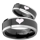 His Hers Heart Beveled Edges Glossy Black 2 Tone Tungsten Engagement Ring Set