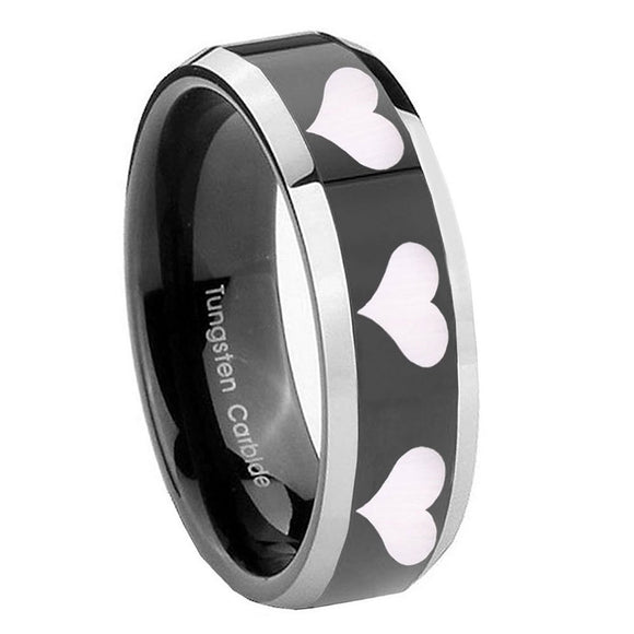 8mm Multiple Heart Beveled Glossy Black 2 Tone Tungsten Men's Wedding Ring