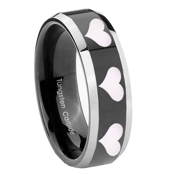 10mm Multiple Heart Beveled Glossy Black 2 Tone Tungsten Mens Engagement Band