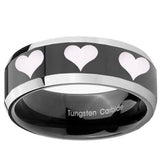 10mm Multiple Heart Beveled Glossy Black 2 Tone Tungsten Mens Engagement Band