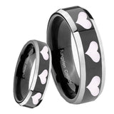 8mm Multiple Heart Beveled Glossy Black 2 Tone Tungsten Men's Wedding Ring