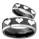 His Hers Multiple Heart Beveled Glossy Black 2 Tone Tungsten Engraved Ring Set