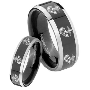 His Hers Multiple Marine Beveled Glossy Black 2 Tone Tungsten Mens Ring Set