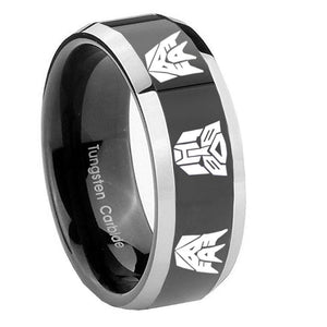 8mm Transformers Autobot Decepticon Beveled Glossy Black 2 Tone Tungsten Mens Ring