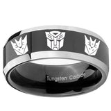 10mm Transformers Autobot Decepticon Beveled Glossy Black 2 Tone Tungsten Bands Ring