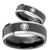 His Hers Skull Beveled Glossy Black 2 Tone Tungsten Wedding Engagement Ring Set